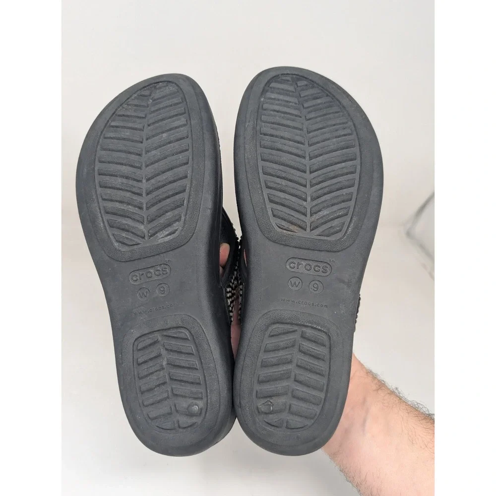 Crocs Monterey Diamante Women's Black Wedge Flip Flop Sandals Size 9